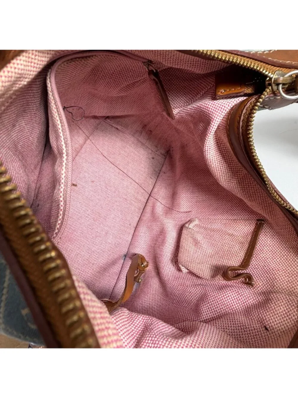 Dooney Bourke Denim/Leather Trim Signature Logo Hobo Shoulder Bag FLAWS